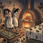 Frogs crawling over an Egyptian bed and climbing into an open clay oven.