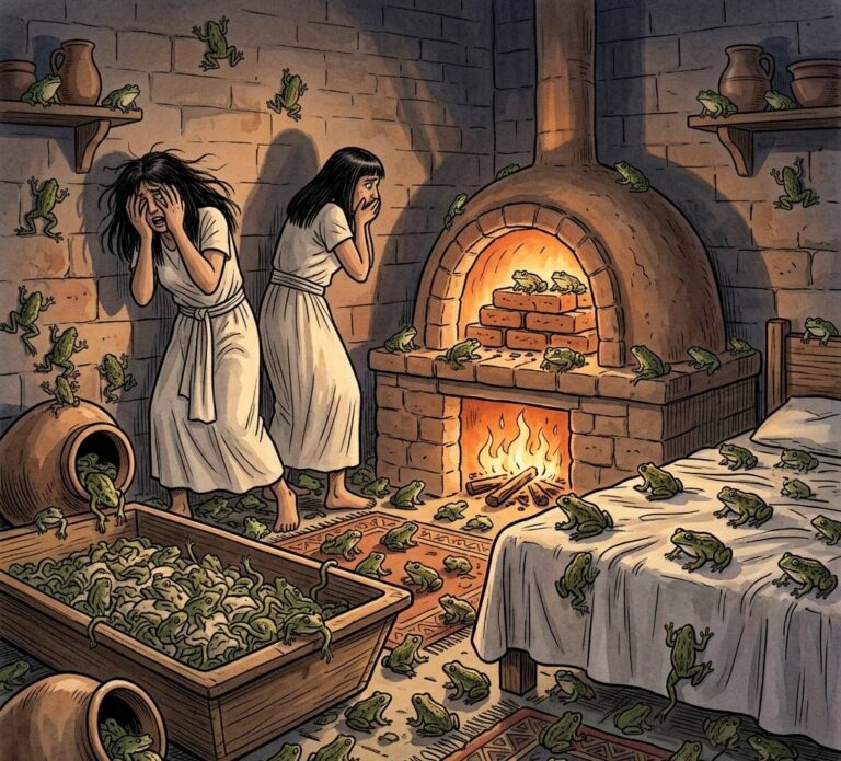 Frogs crawling over an Egyptian bed and climbing into an open clay oven.