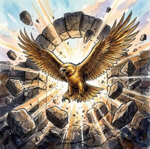 A brilliant golden eagle bursting out from massive breaking stone gates into a bright morning sky.