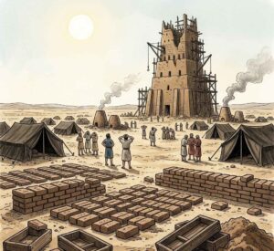 Half-built tower rising from plain with bricks baking in sun.