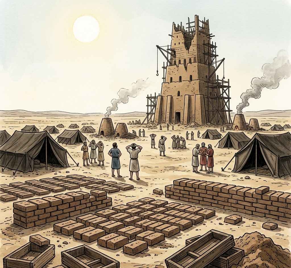 Half-built tower rising from plain with bricks baking in sun.