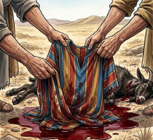 Men's hands dipping a colourful coat into a pool of dark goat blood on the ground.