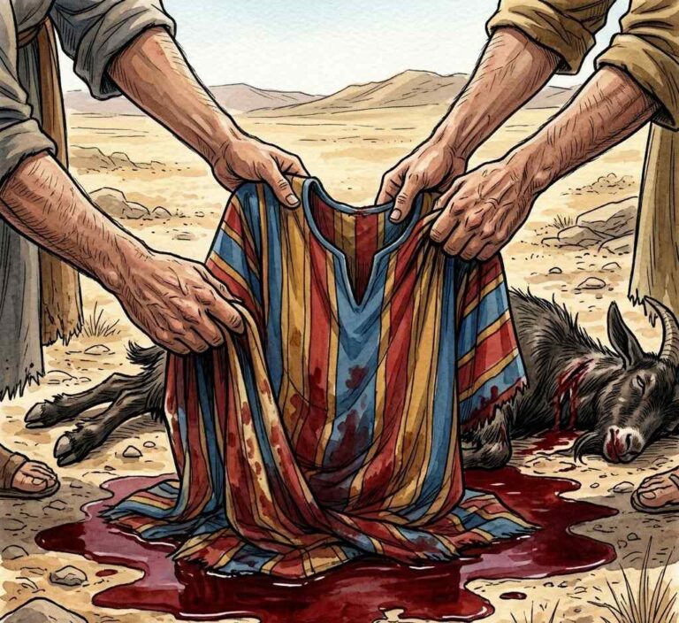 Men's hands dipping a colourful coat into a pool of dark goat blood on the ground.