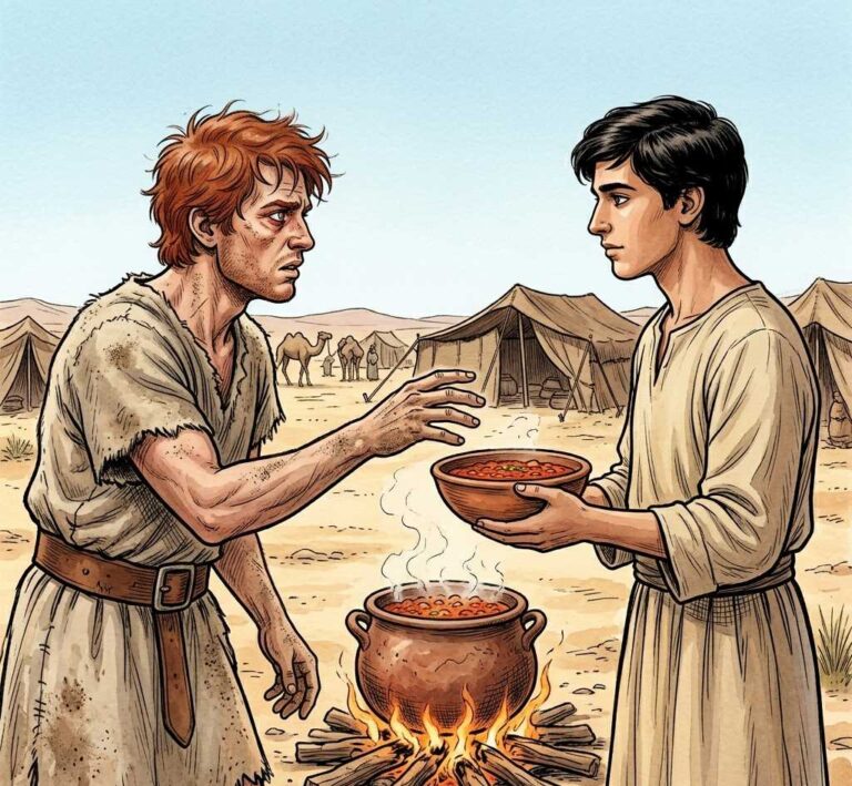 A weary hunter reaching for a bowl of red stew held by his brother at a cooking fire.