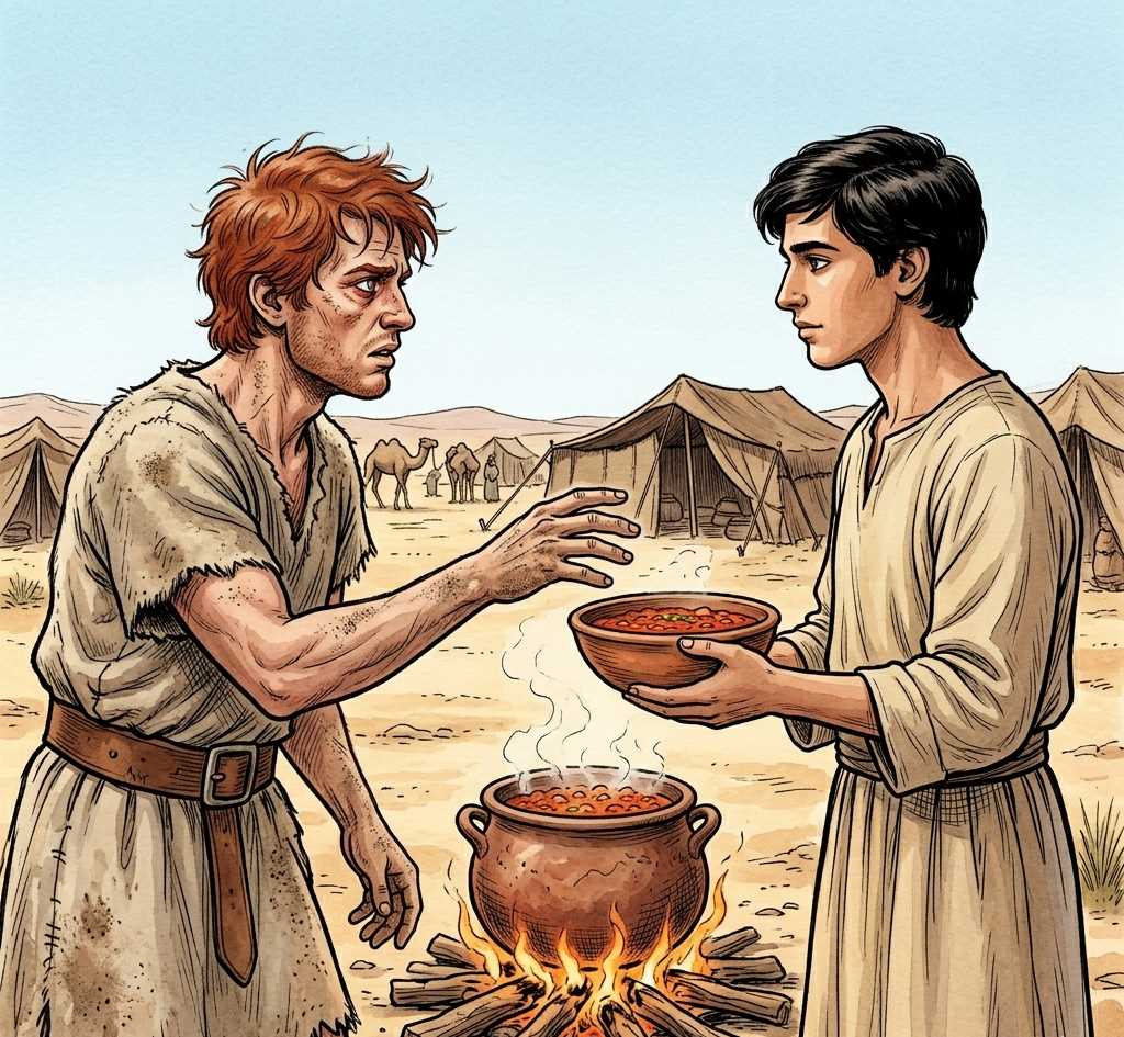 A weary hunter reaching for a bowl of red stew held by his brother at a cooking fire.