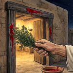A hand using hyssop to paint lamb's blood on a doorpost at night.