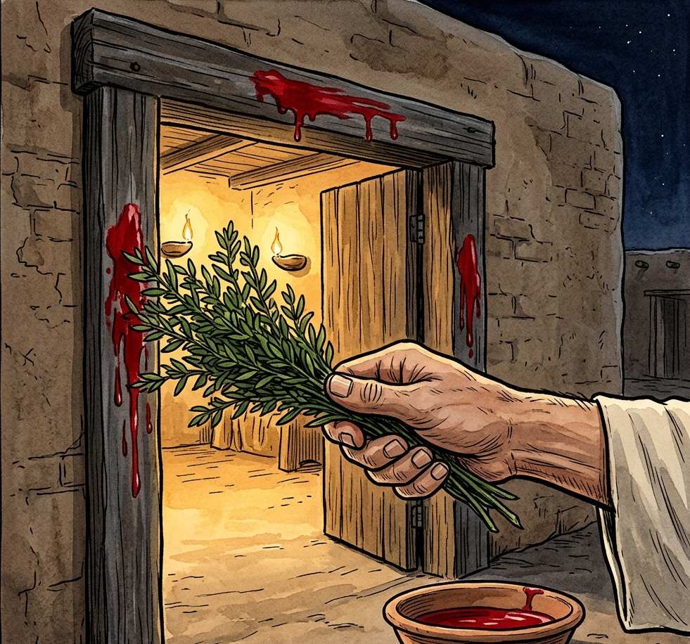 A hand using hyssop to paint lamb's blood on a doorpost at night.