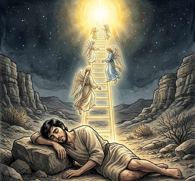 A ladder stretching from a stone pillow on the ground up into a bright sky with angels ascending and descending.