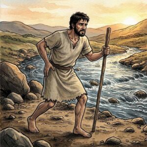 A man limping with a staff walking away from a river at sunrise.