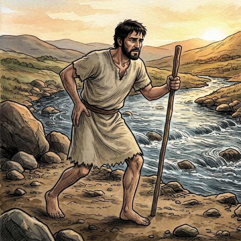 A man limping with a staff walking away from a river at sunrise.