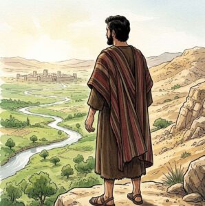 A man standing on a high place looking down at a green river valley.