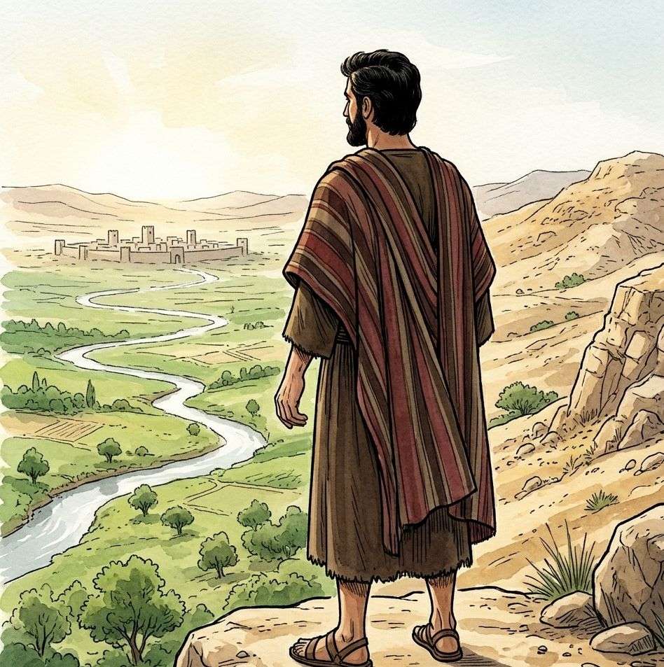 A man standing on a high place looking down at a green river valley.