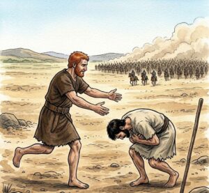 A man running ahead of an army to embrace another man bowing before him.