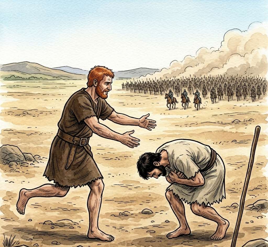 A man running ahead of an army to embrace another man bowing before him.