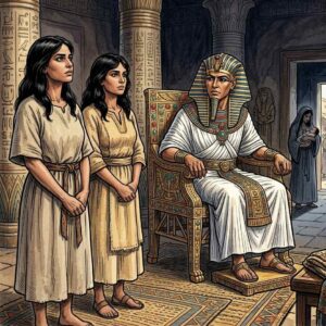 Two Hebrew women standing before an Egyptian throne while a baby is held in the background.