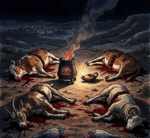 A smoking furnace and burning lamp passing between cut animal pieces in darkness.