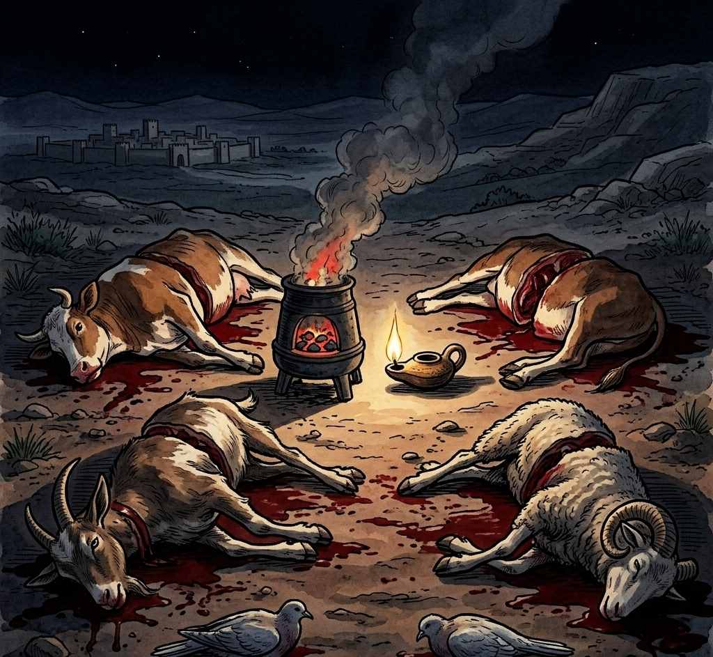 A smoking furnace and burning lamp passing between cut animal pieces in darkness.