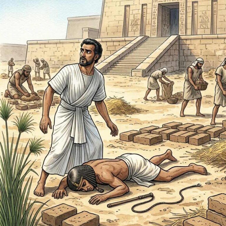 A man in Egyptian clothing striking down an overseer in a desert brickfield while looking around.