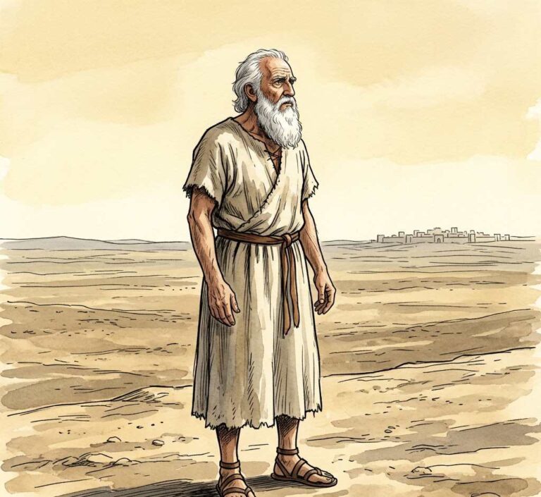 An old man standing alone on a plain looking toward a distant city.