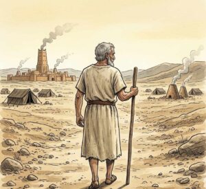 An old man in a rough tunic walking away from a distant city.