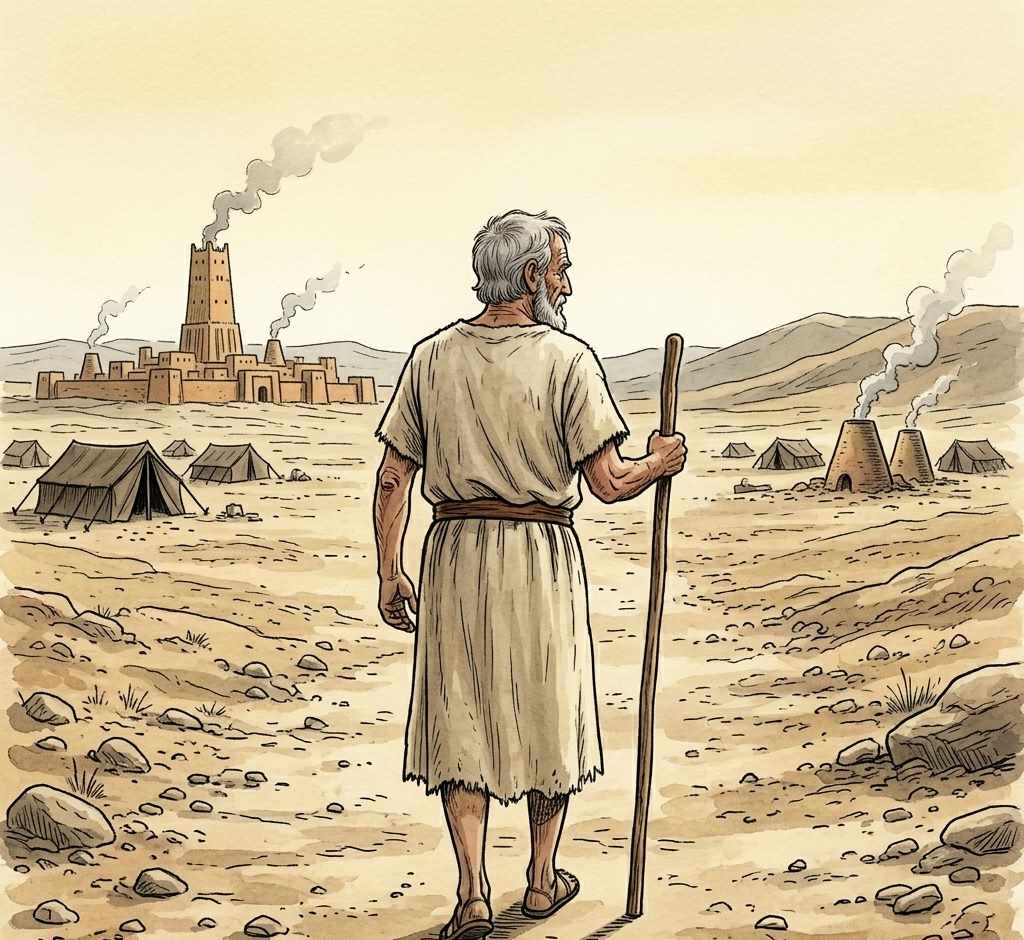 An old man in a rough tunic walking away from a distant city.