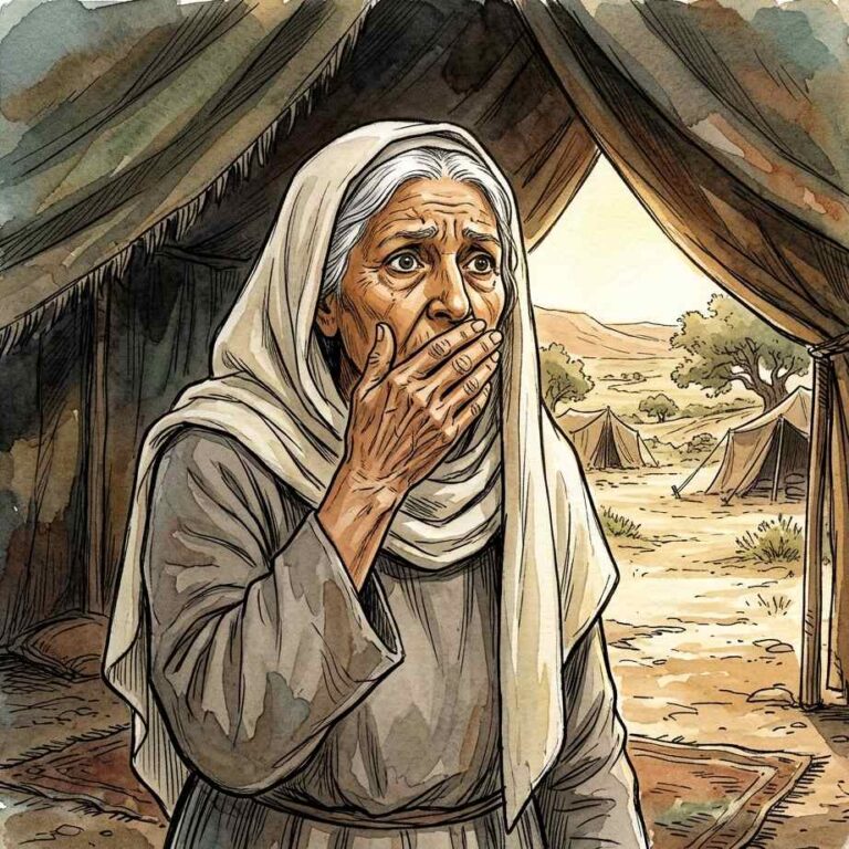 An old woman standing at a tent flap with her hand over her mouth.