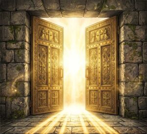 Tall open gold doors with bright light shining through.