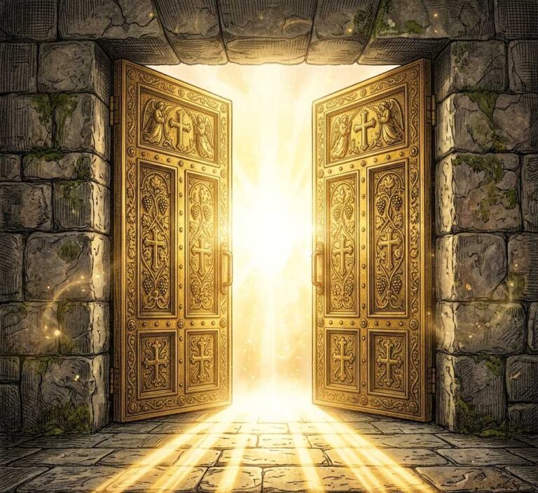 Tall open gold doors with bright light shining through.