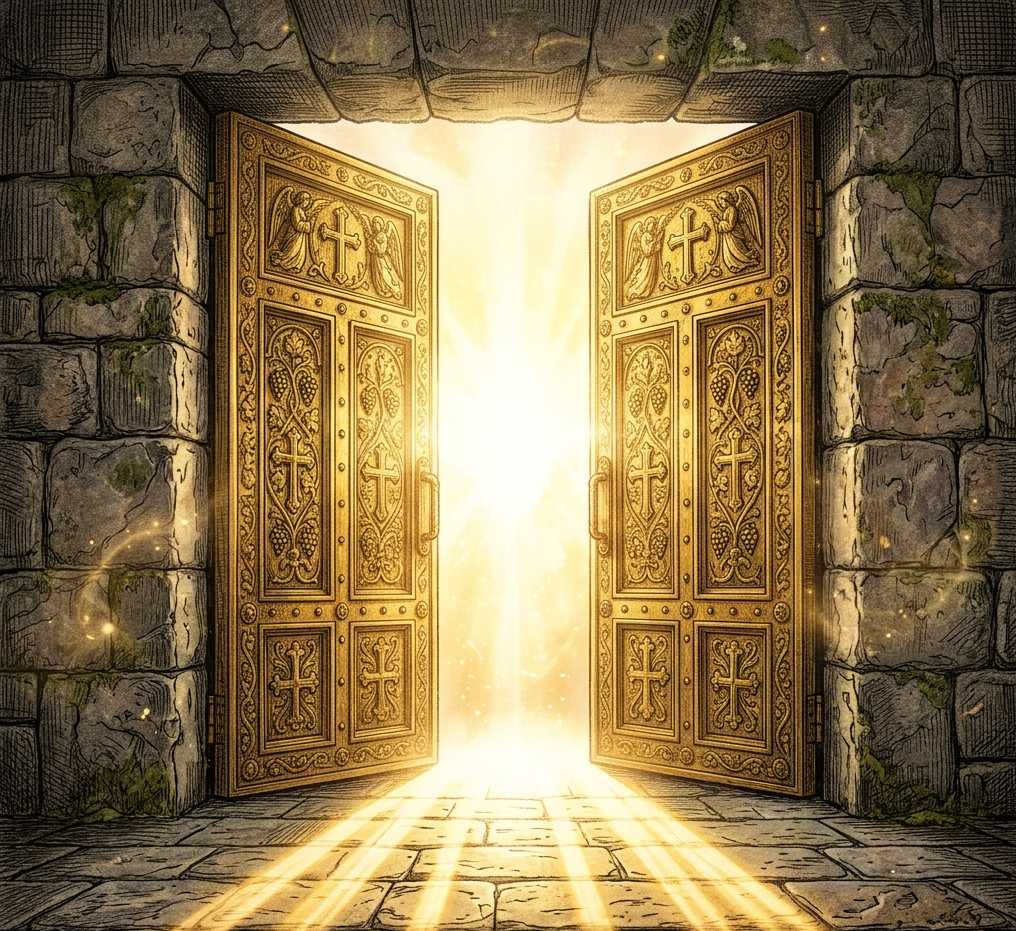 Tall open gold doors with bright light shining through.