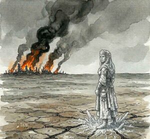 Lot's wife turned to a pillar of salt on a plain with smoke rising from distant burning cities.
