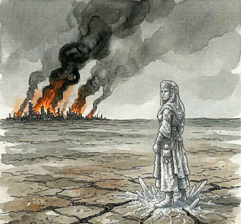 Lot's wife turned to a pillar of salt on a plain with smoke rising from distant burning cities.
