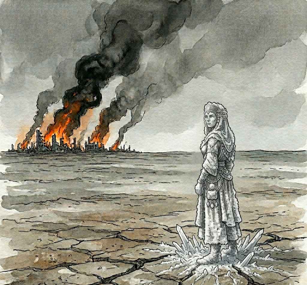 Lot's wife turned to a pillar of salt on a plain with smoke rising from distant burning cities.