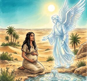 A young pregnant woman kneeling by a desert fountain with an angel speaking to her.