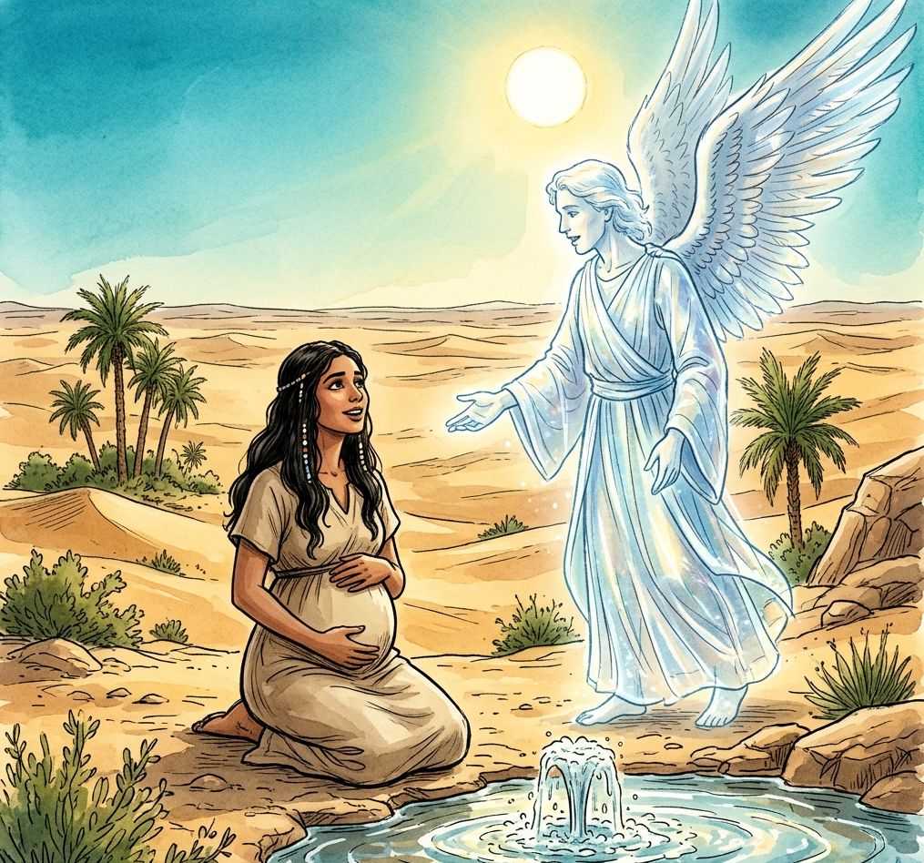 A young pregnant woman kneeling by a desert fountain with an angel speaking to her.