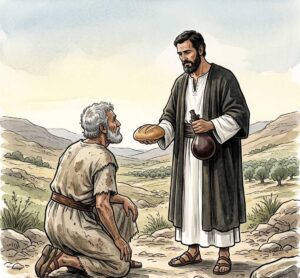 A priest-king holding bread and wine before a kneeling warrior in a valley.
