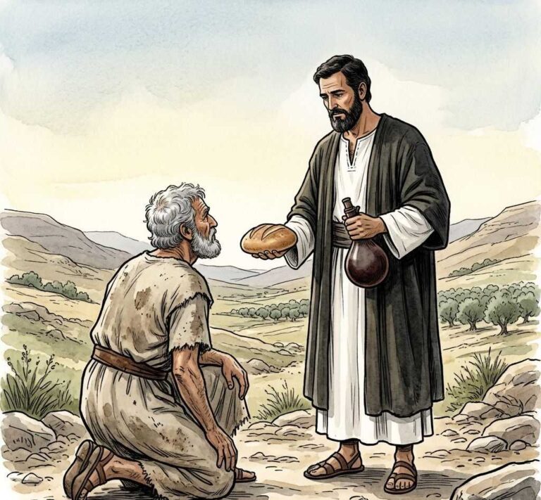 A priest-king holding bread and wine before a kneeling warrior in a valley.