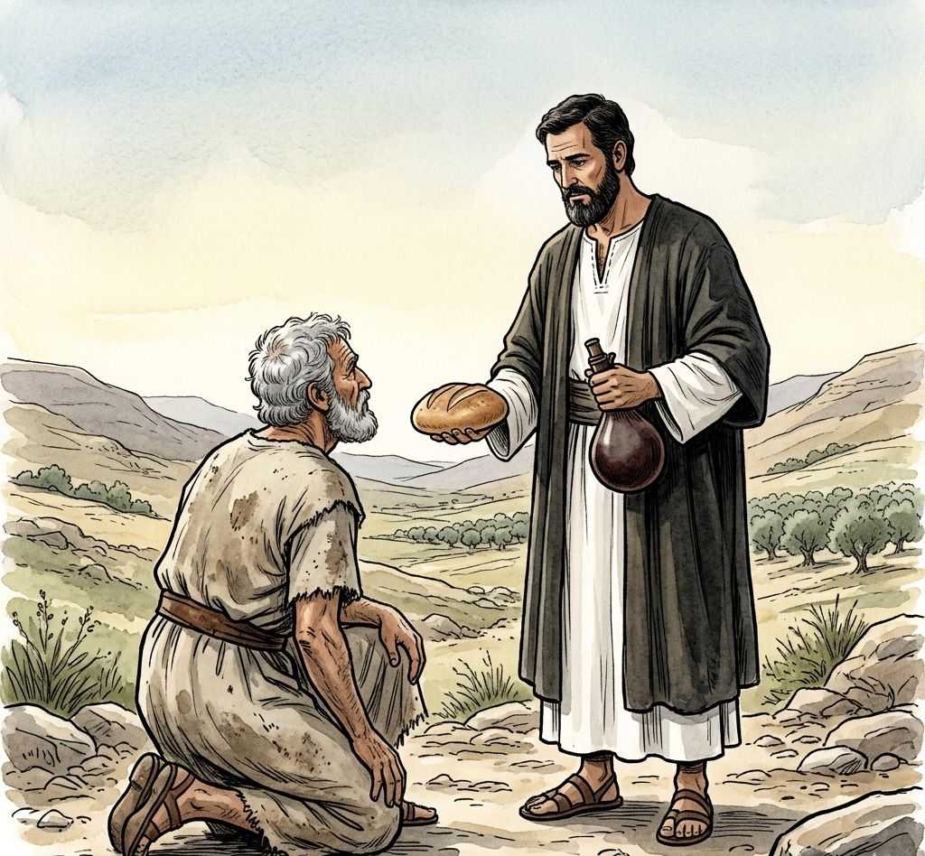 A priest-king holding bread and wine before a kneeling warrior in a valley.