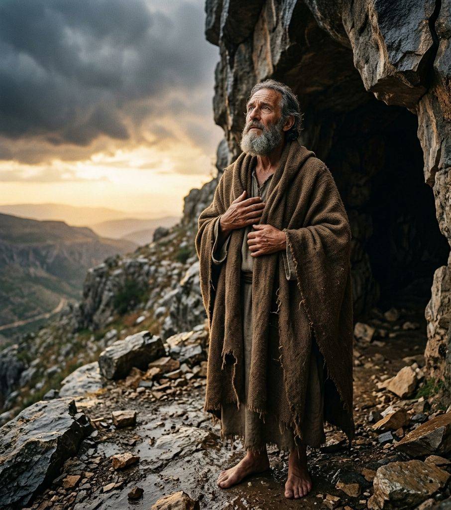 Close-up of the prophet Elijah wrapped in a rough cloak, standing at a cave entrance, leaning forward with eyes closed, listening intently.