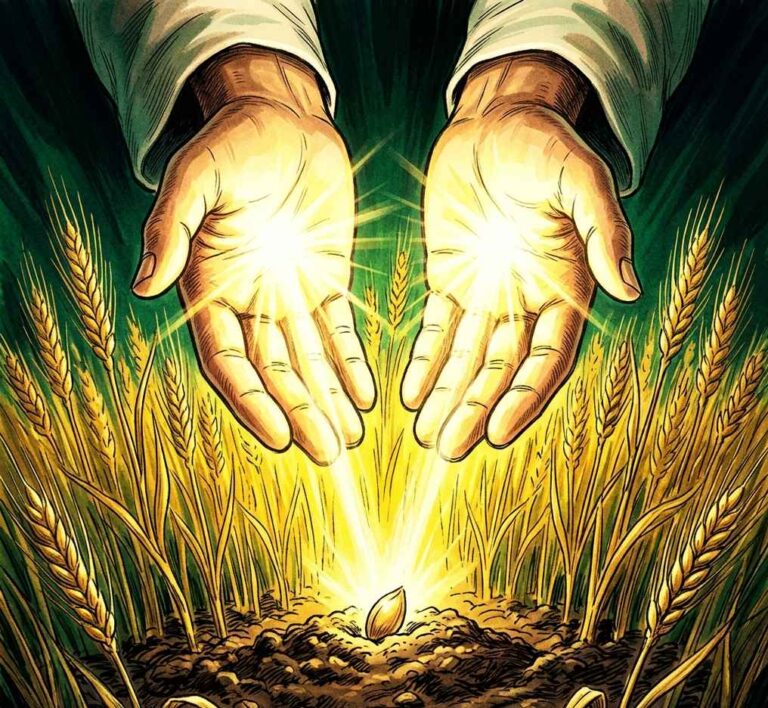 Radiant hands hovering over a glowing seed and golden grain.