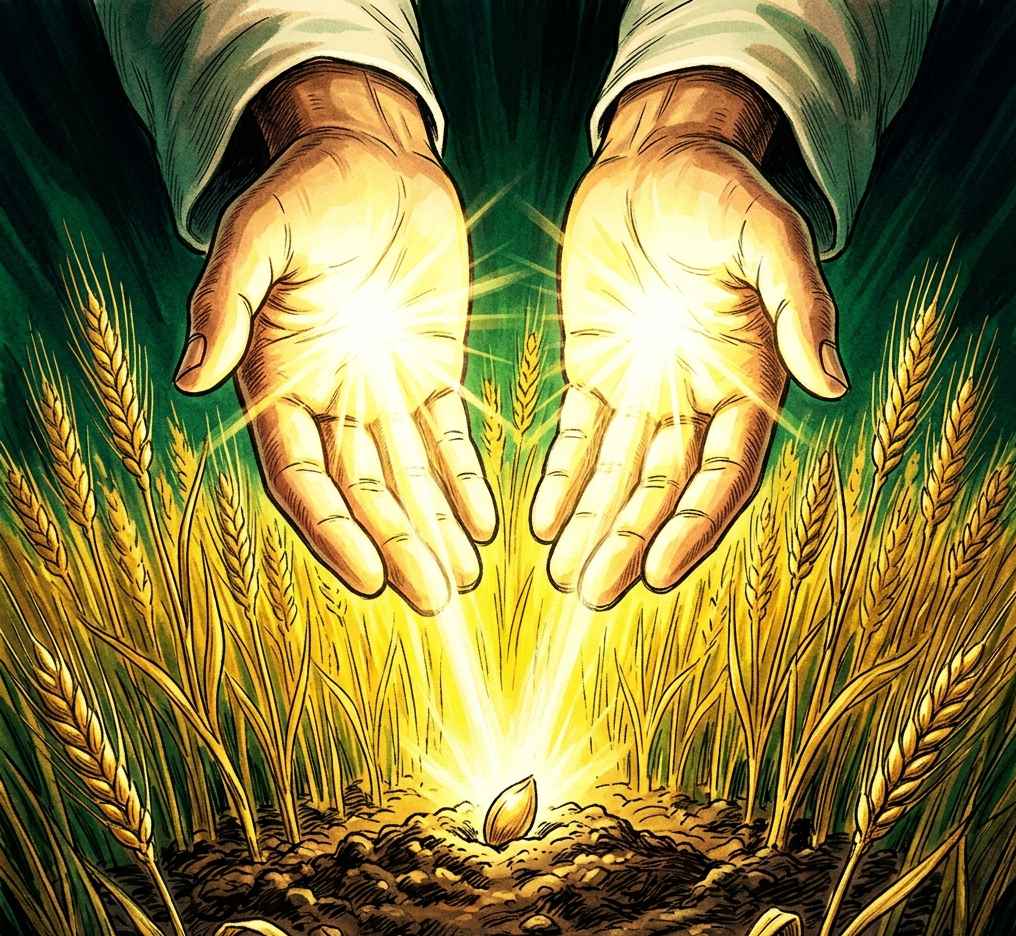 Radiant hands hovering over a glowing seed and golden grain.