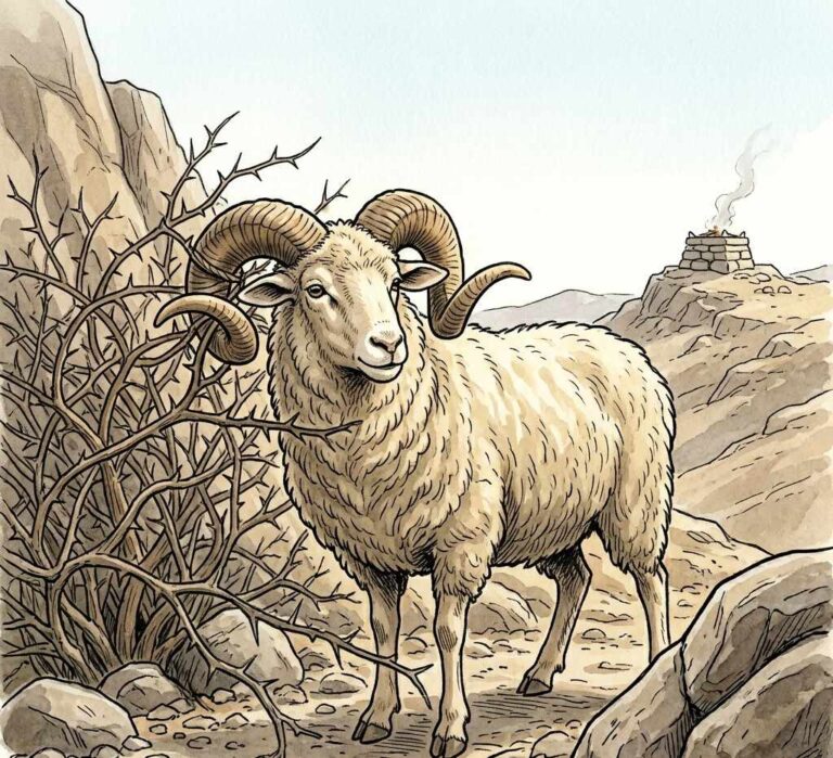 A ram with curved horns caught in a thorny thicket on a mountainside.