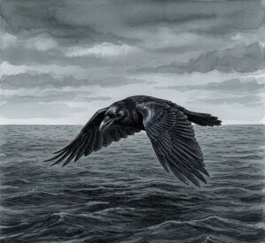 Black raven flying over dark flood waters under grey sky.