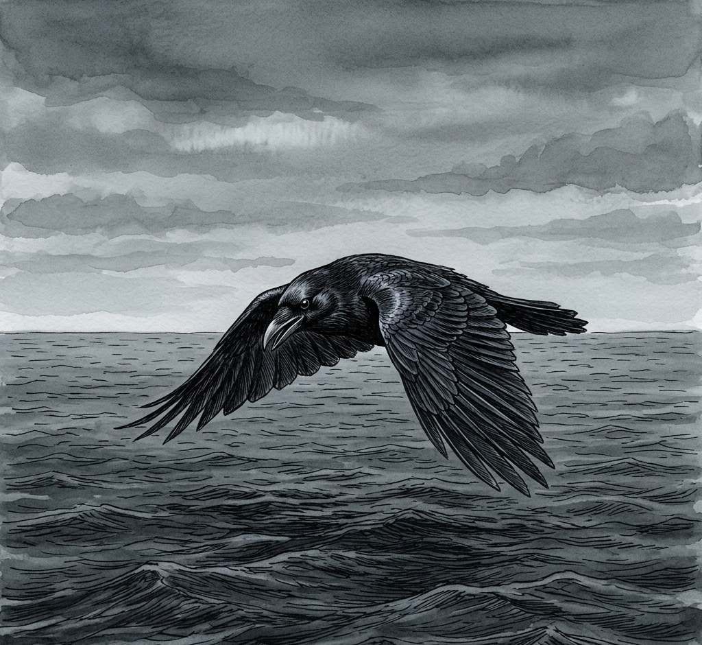 Black raven flying over dark flood waters under grey sky.