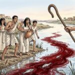 A wooden rod touching the surface of a river turning dark red with blood.