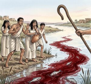 A wooden rod touching the surface of a river turning dark red with blood.