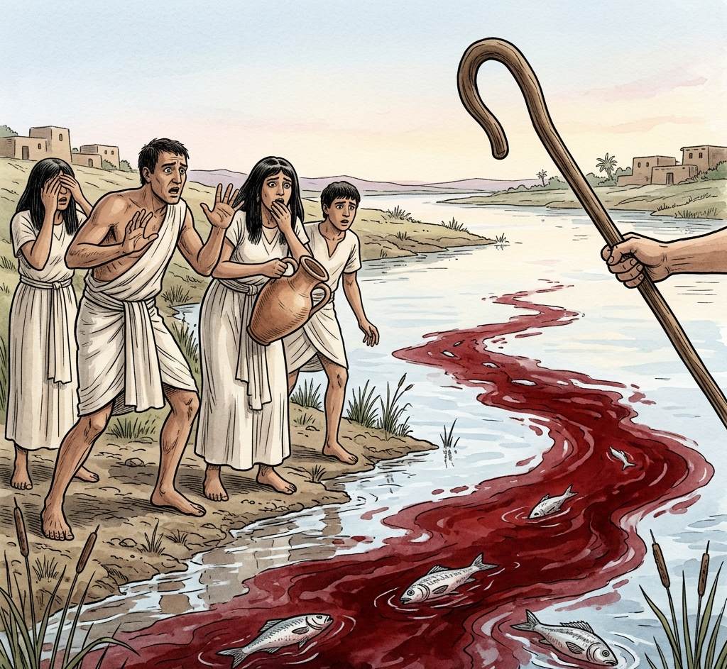 A wooden rod touching the surface of a river turning dark red with blood.