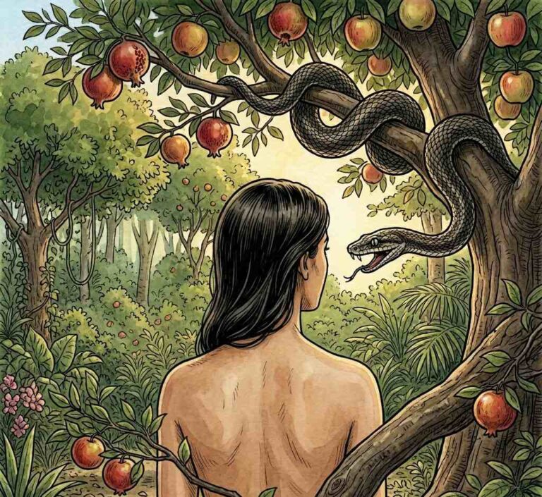 A serpent coiled in a tree speaking to a woman who listens near the fruit.