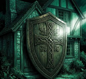 Massive glowing shield protecting a family home.