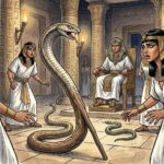 A wooden staff transforming into a serpent on a stone floor before an Egyptian throne.