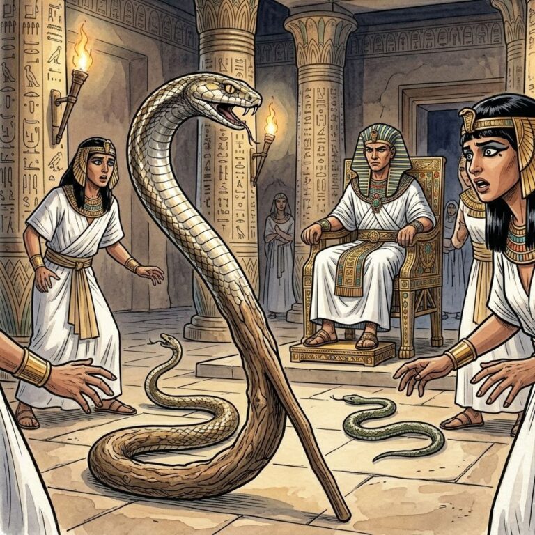 A wooden staff transforming into a serpent on a stone floor before an Egyptian throne.